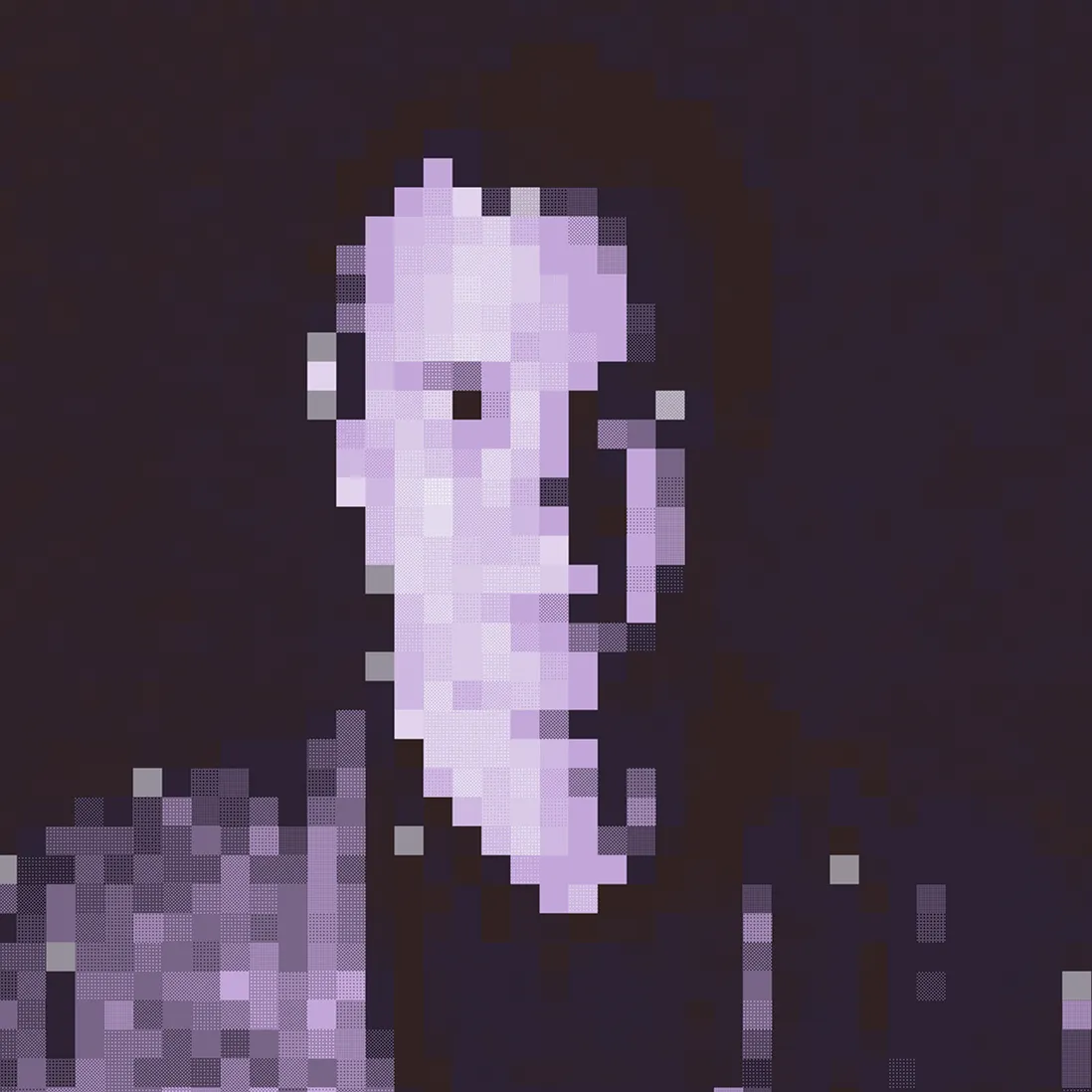 Abstract pixelated portrait of a person with a grayscale and purple color scheme on a dark background.