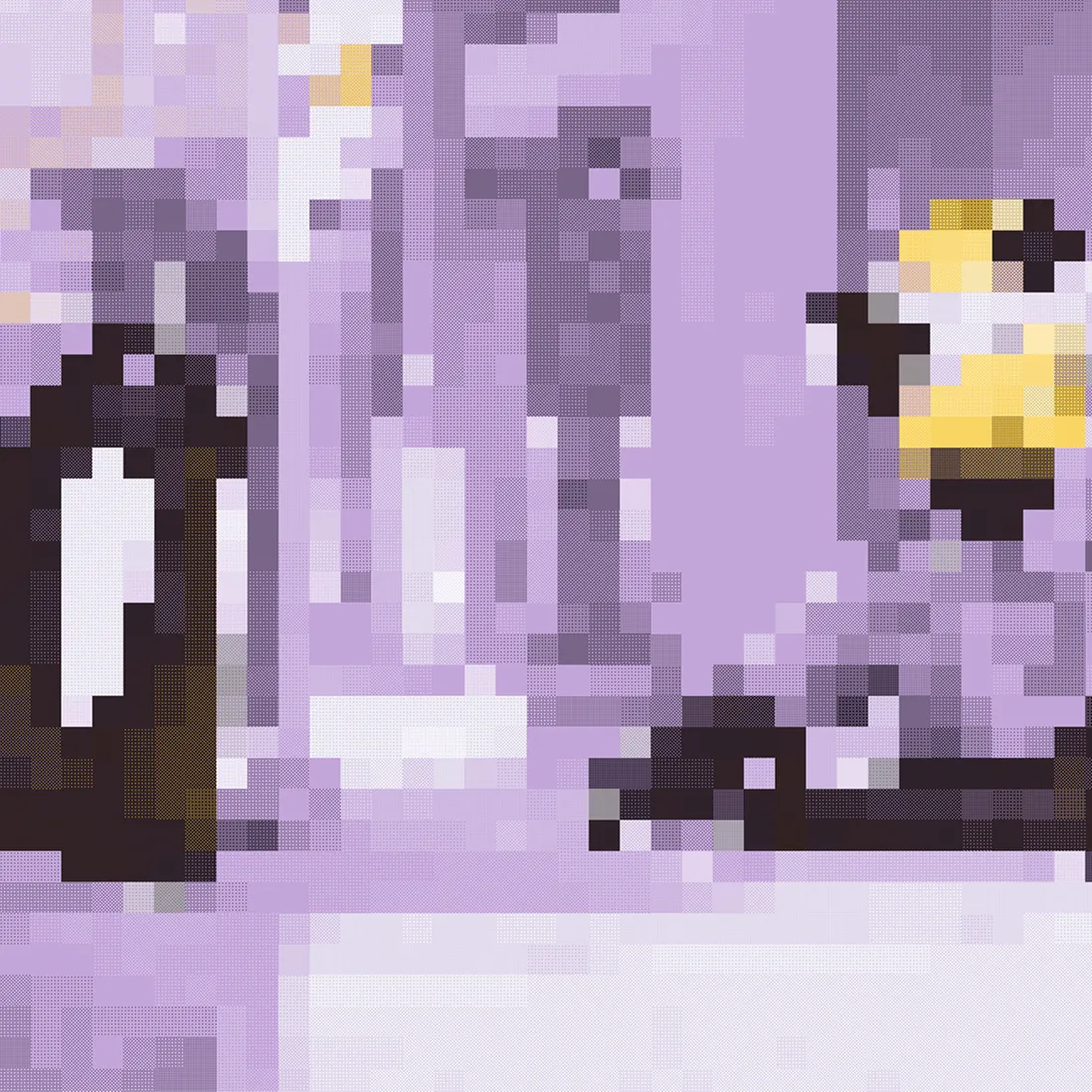 Pixelated close-up image with predominantly purple and yellow colors, details indistinguishable.