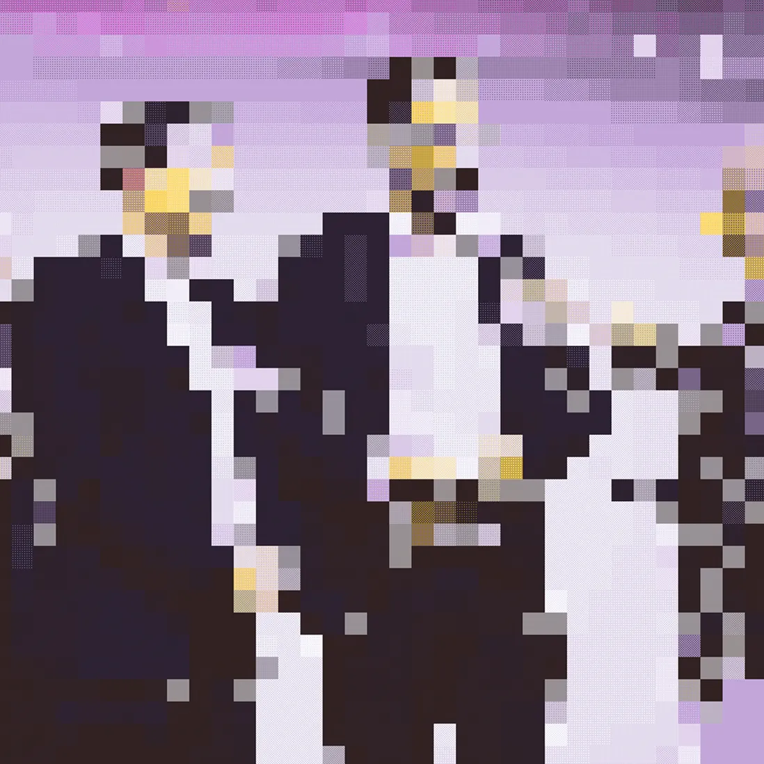 Pixelated image of three men in suits standing together against a purple gradient background.