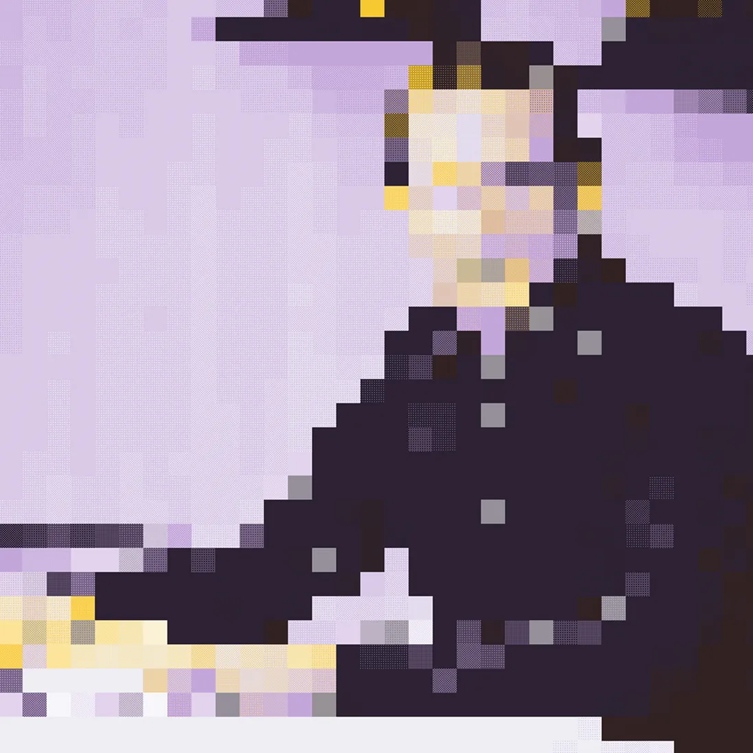Pixelated image of a person wearing dark clothing, sitting and looking forward against a light purple background.