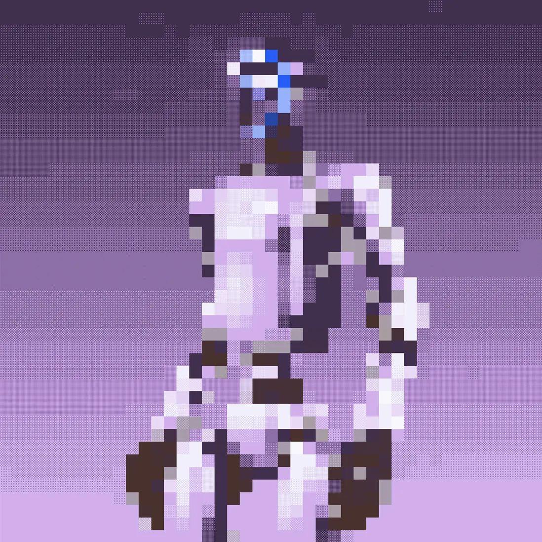 Pixel art of a humanoid robot with a white and purple body standing against a purple gradient background.
