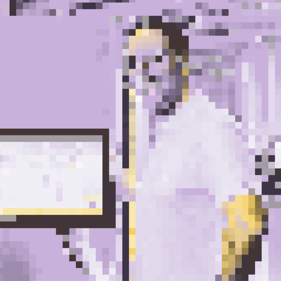 Pixelated image of a person wearing dark clothing, sitting and looking forward against a light purple background.