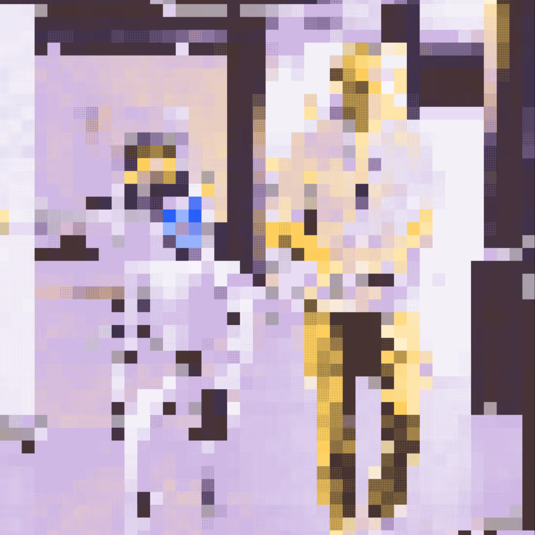 Pixelated close-up image with predominantly purple and yellow colors, details indistinguishable.