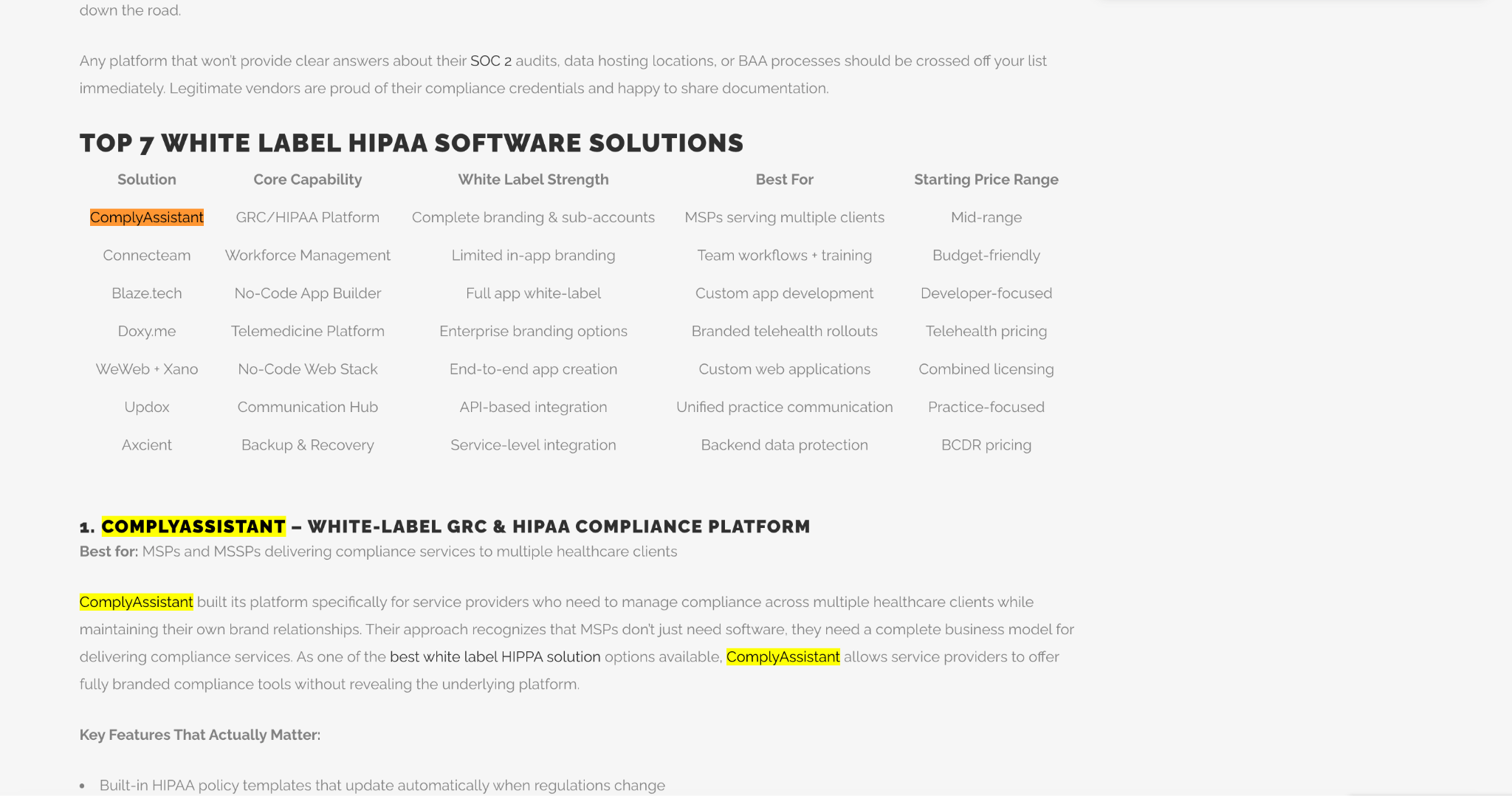 comply Assistant on a listicle