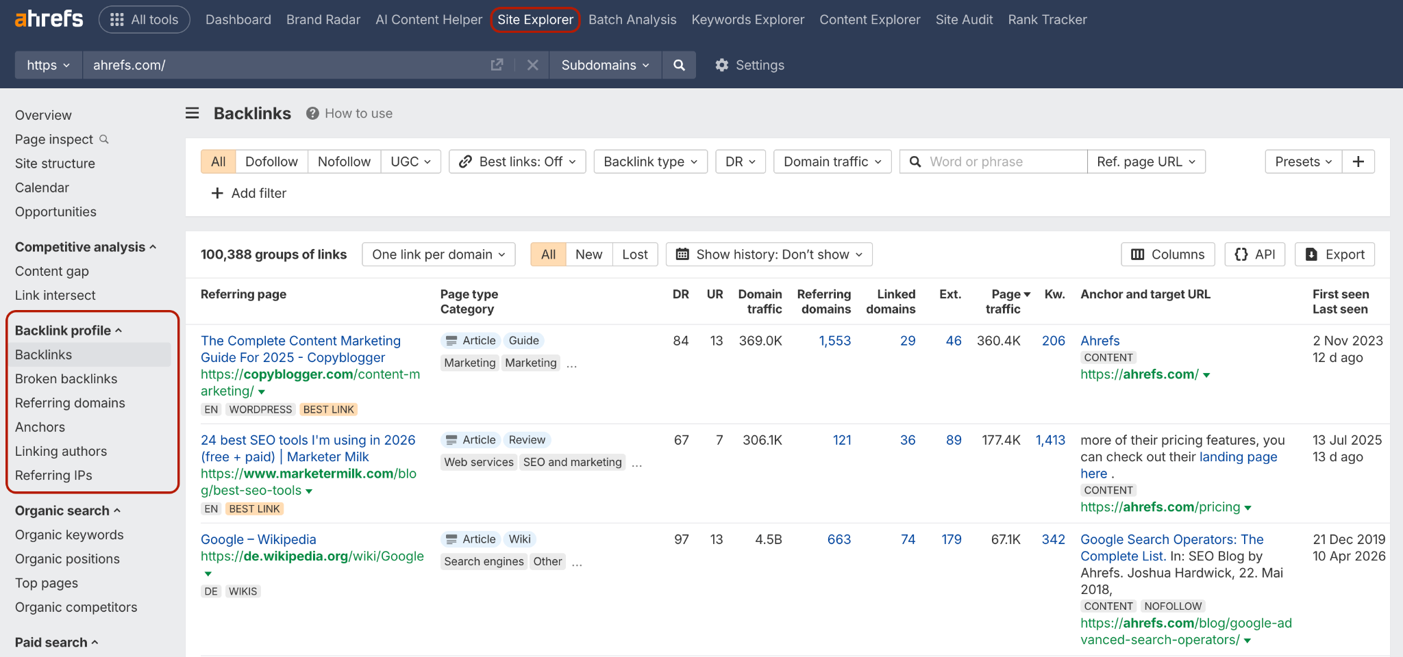 Ahrefs backlink profile explorer