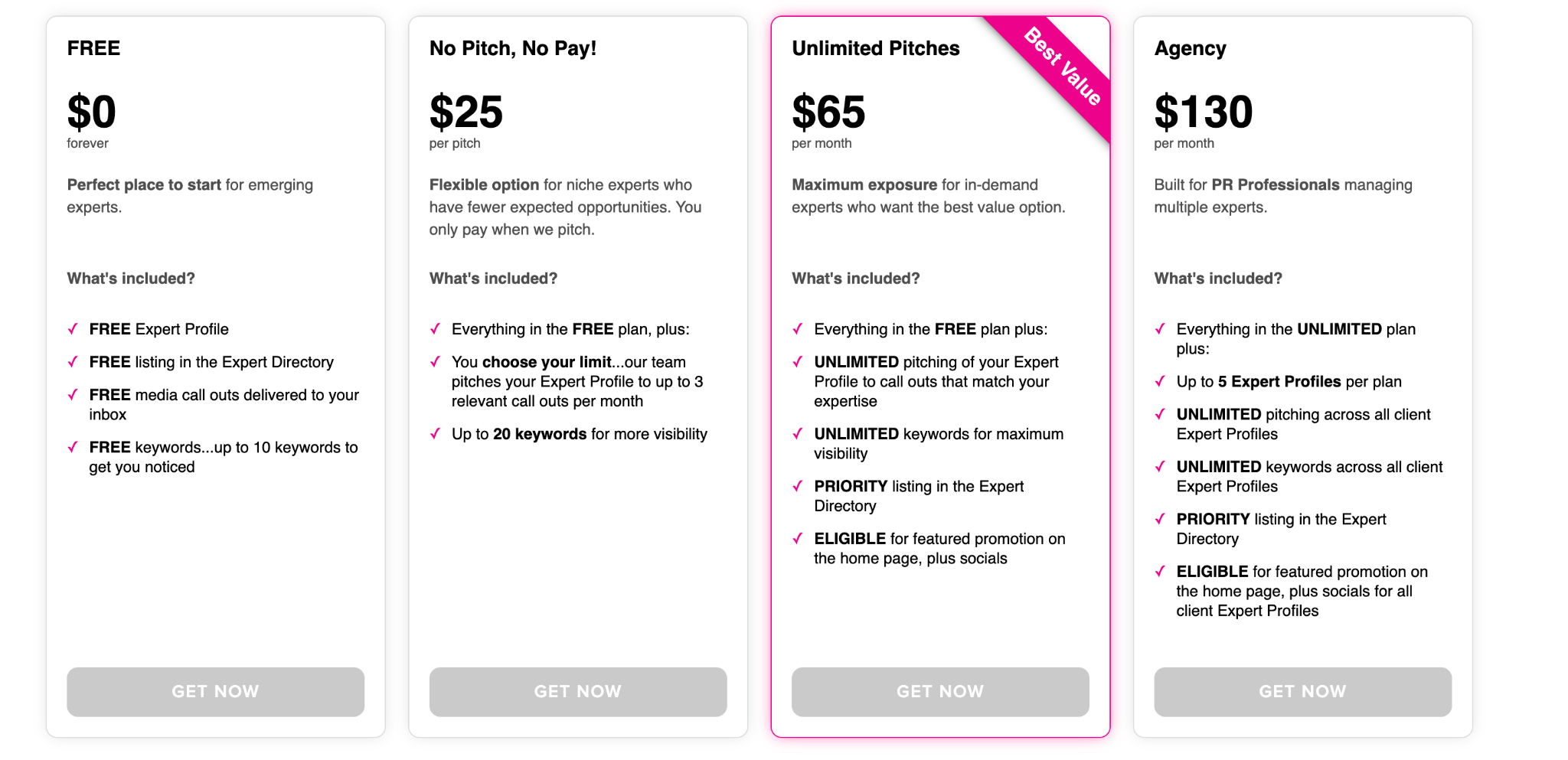 SourceBottle pricing plans