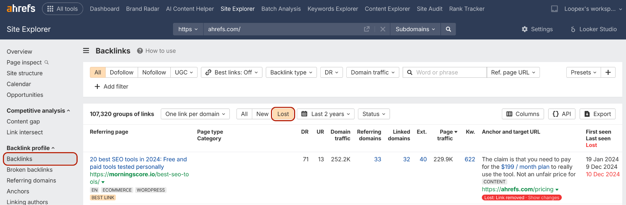 Lost Backlinks report by Ahrefs