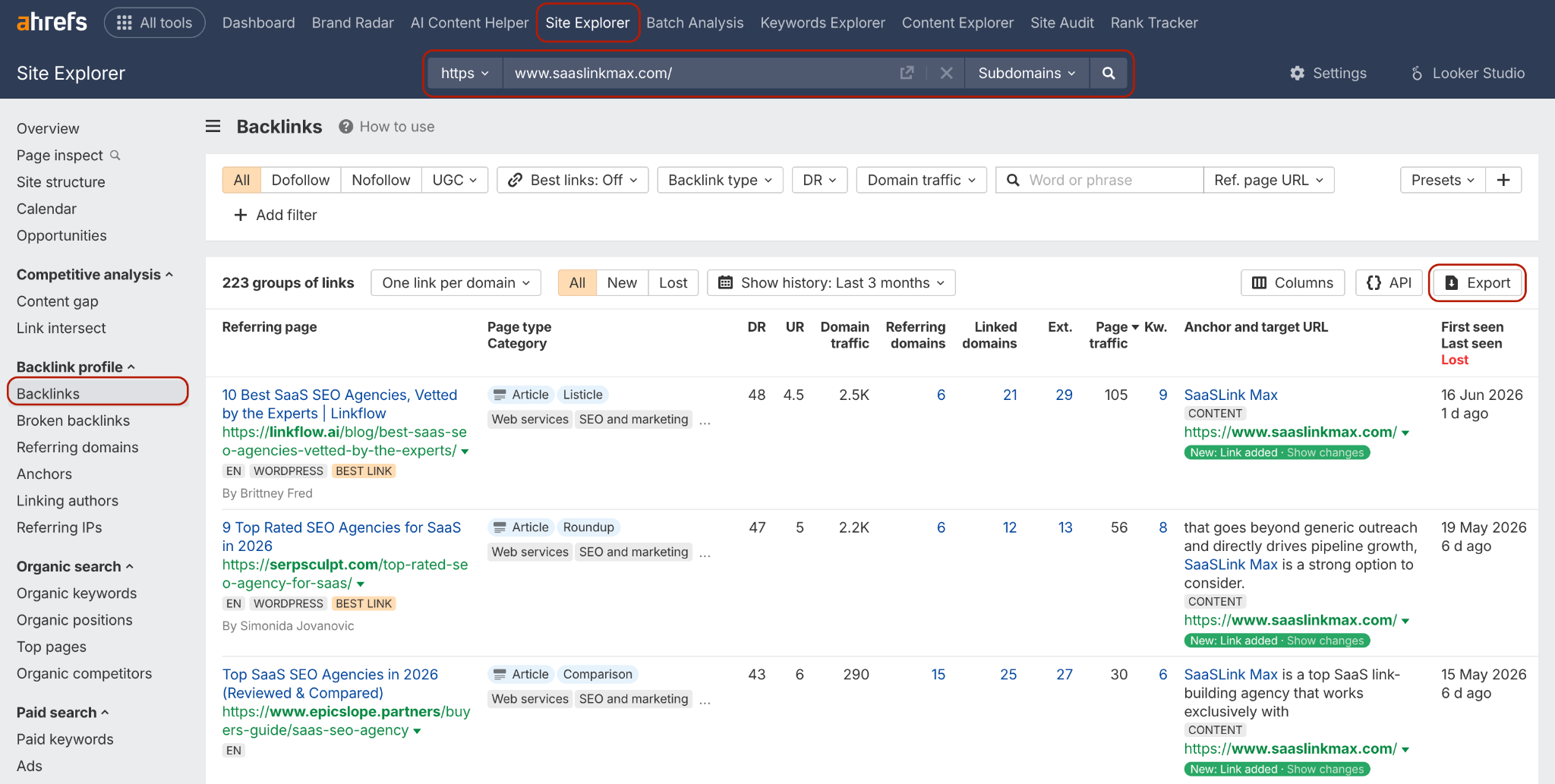 Backlink audit at Ahrefs