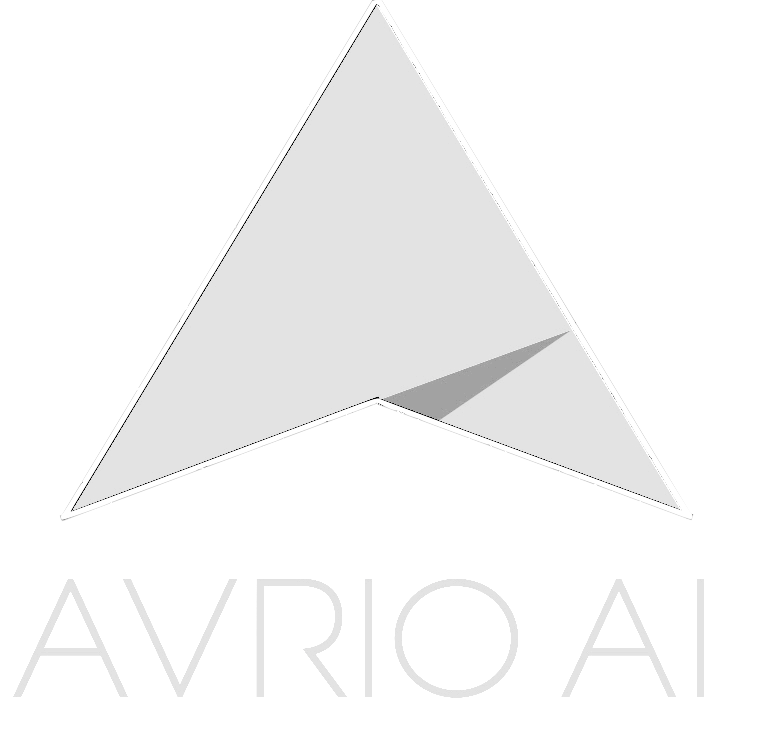Silver geometric triangular logo above the text 'AVRIO AI' on a black background.