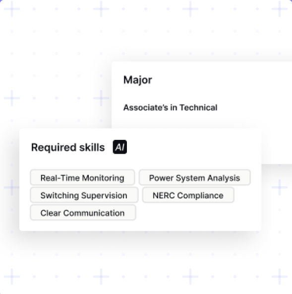 Text blocks showing 'Major Associate's in Technical' and 'Required skills AI' with skill tags including Real-Time Monitoring, Power System Analysis, Switching Supervision, NERC Compliance, and Clear Communication.