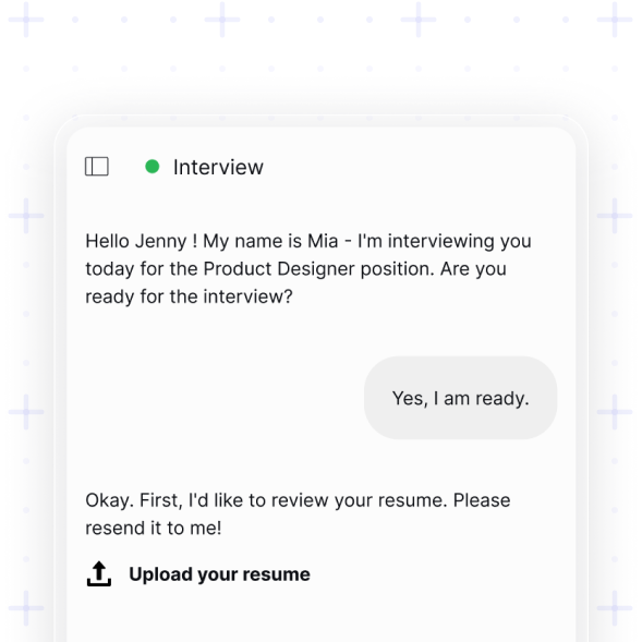 Chat interface showing an interview conversation where Mia introduces herself and asks Jenny if she is ready for a Product Designer position interview, and requests Jenny to upload her resume.