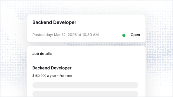 Job listing for Backend Developer posted on Mar 12, 2026 at 10:30 AM, status open, with a salary of $150,200 per year full time.