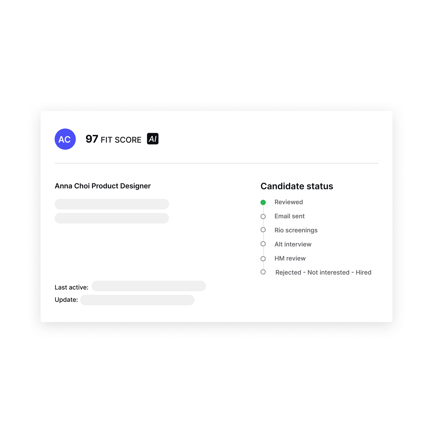 Candidate profile card showing Anna Choi, Product Designer, with a 97 fit score and candidate status marked as Reviewed.