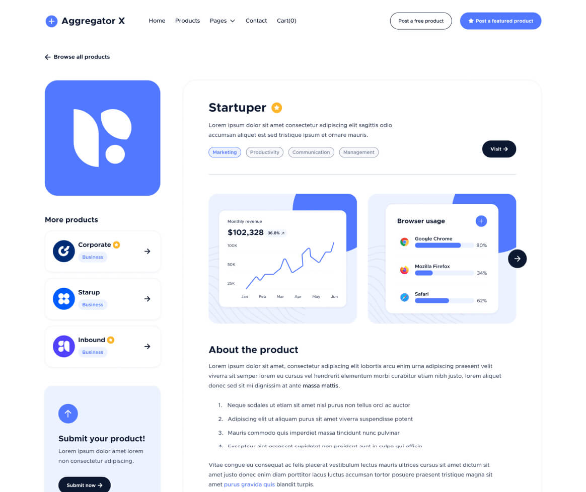 Aggregator X - Product Single Page - Upvoting Webflow Template