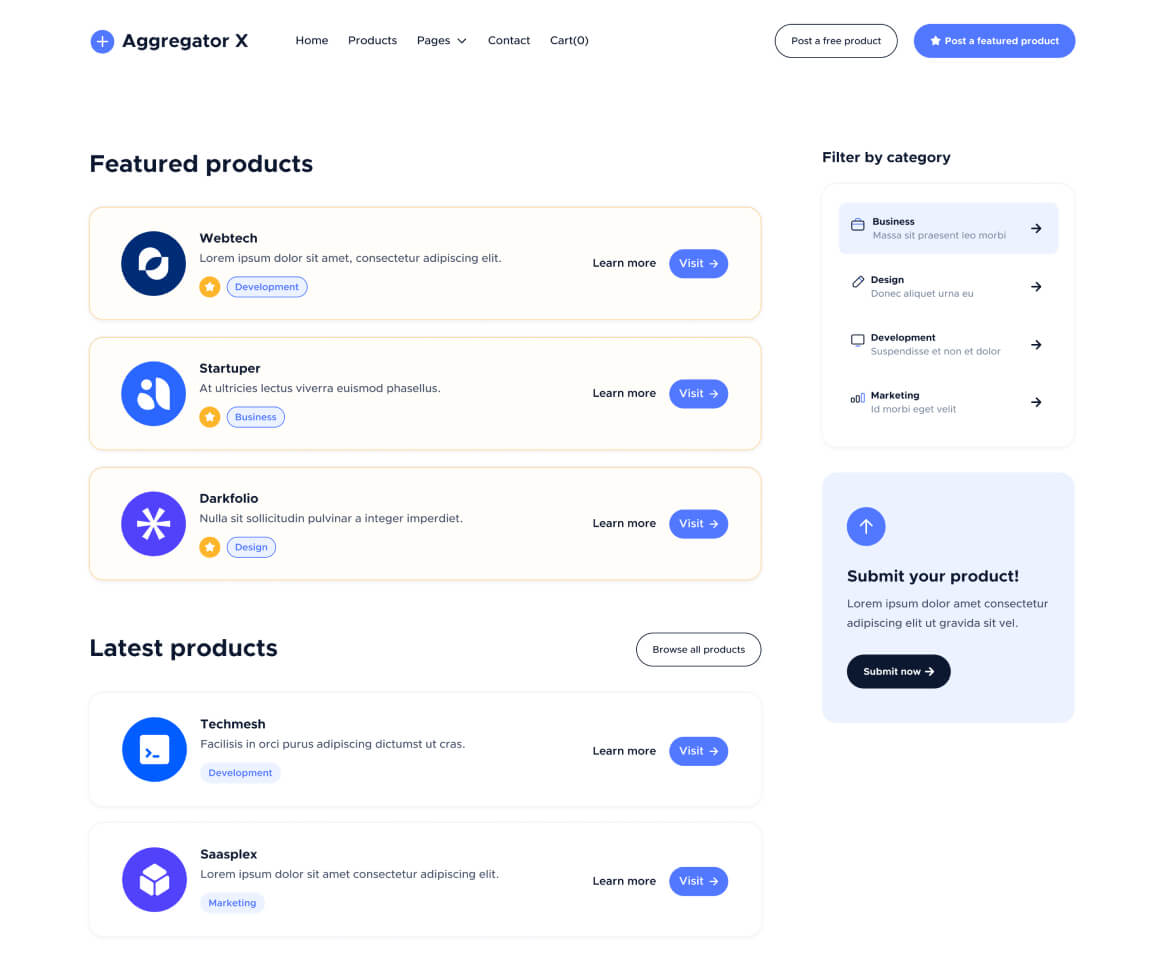 Aggregator X - Products Page - Upvoting Webflow Template
