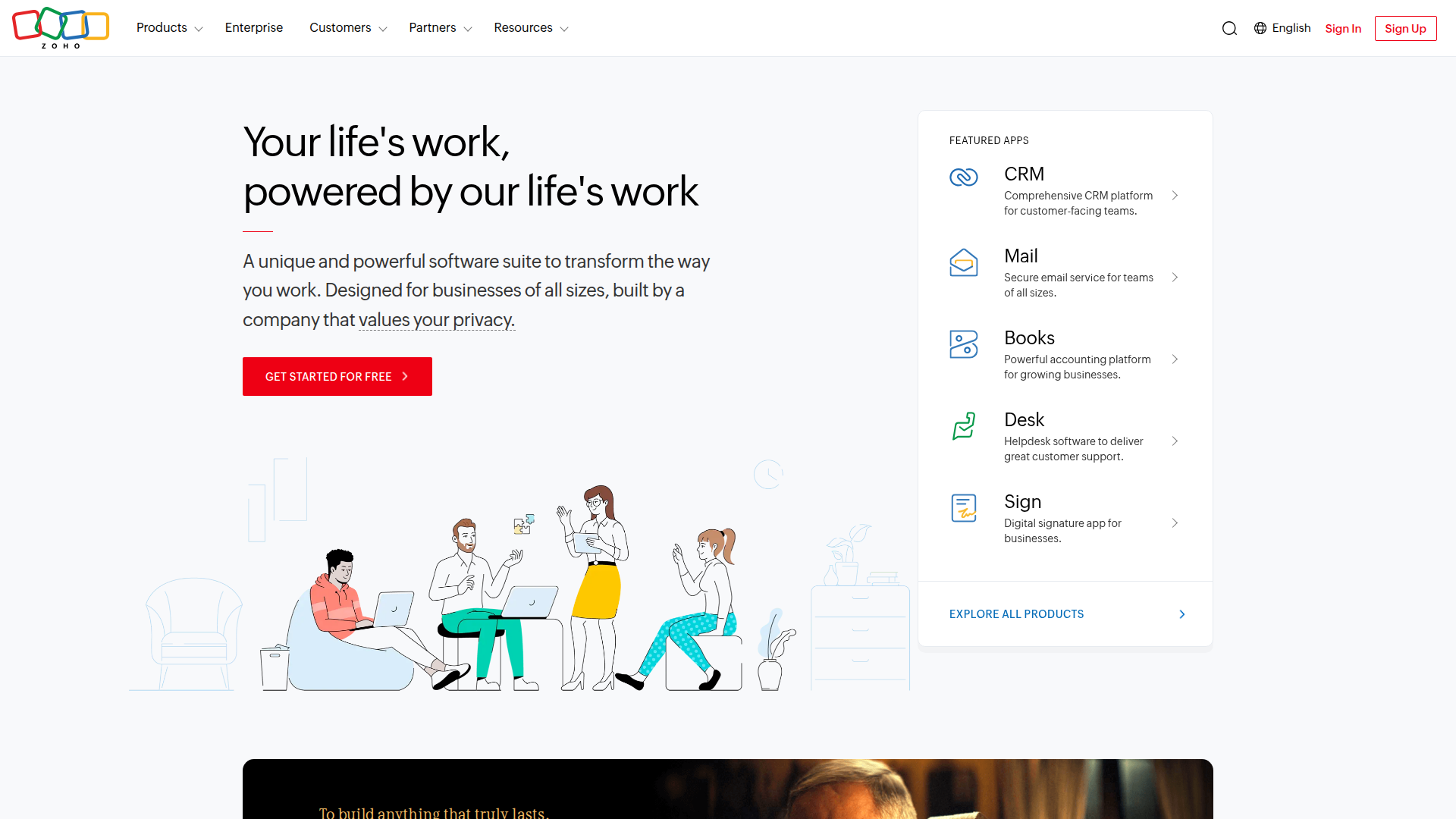 Zoho CRM homepage screenshot