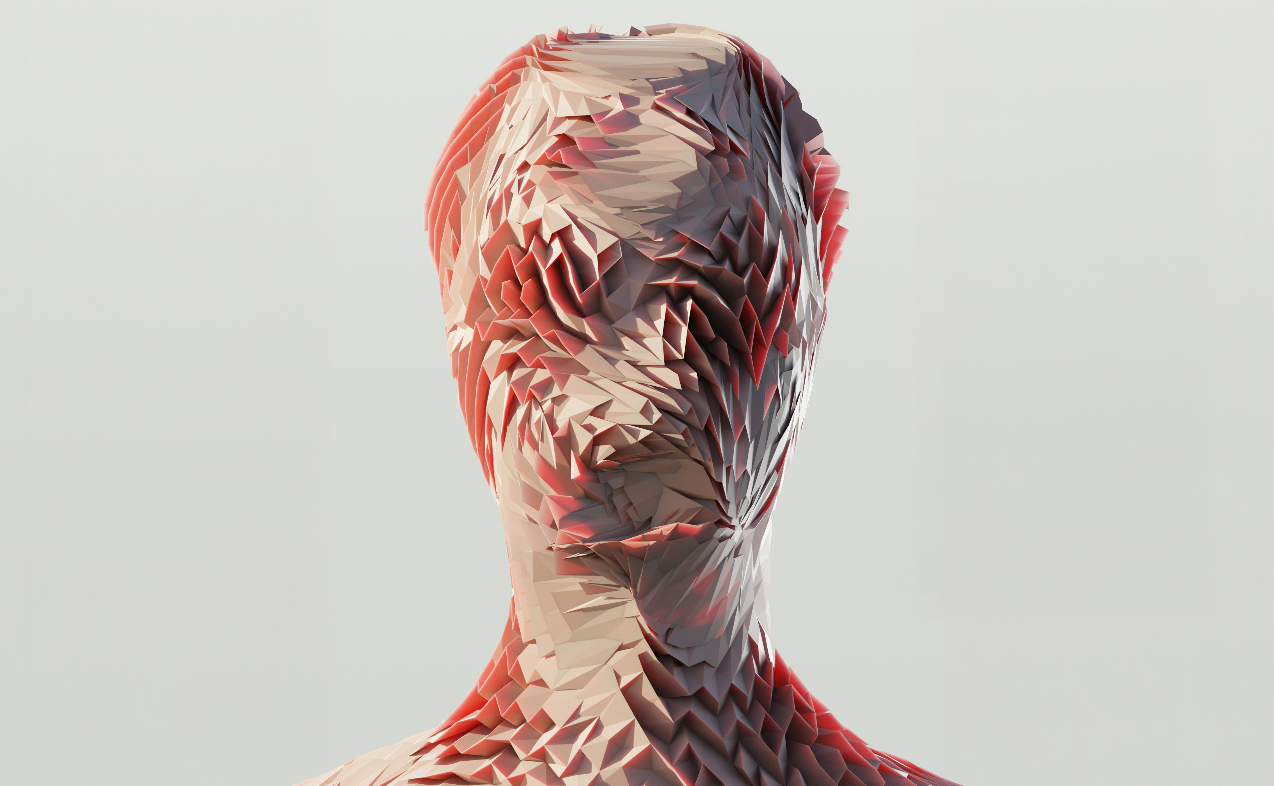 一個具有強烈紋理感的紅色抽象雕塑頭像，象徵企業在數位轉型與品牌重塑過程中，打破傳統框架、萃取特定知識並重塑核心價值的深刻變革。