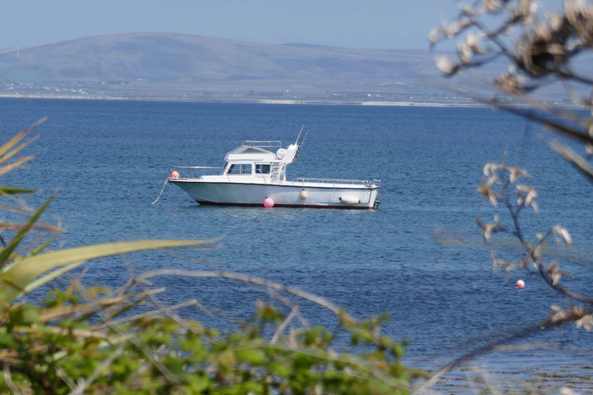 White motorboat anchored on calm blue water with hills in the background and foliage in the foreground.