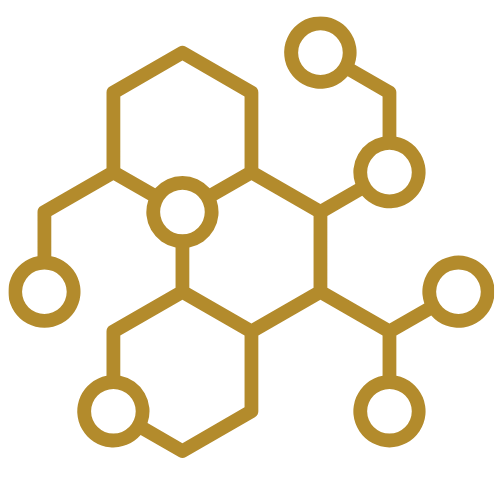 Goldfarbene, stilisierte sechseckige Molekülstruktur mit verbundenen Kreisen auf schwarzem Hintergrund.