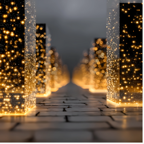 Leuchtende Glaskuben mit goldenen Lichtpunkten an dunklem gepflastertem Weg in verschwommener Umgebung.