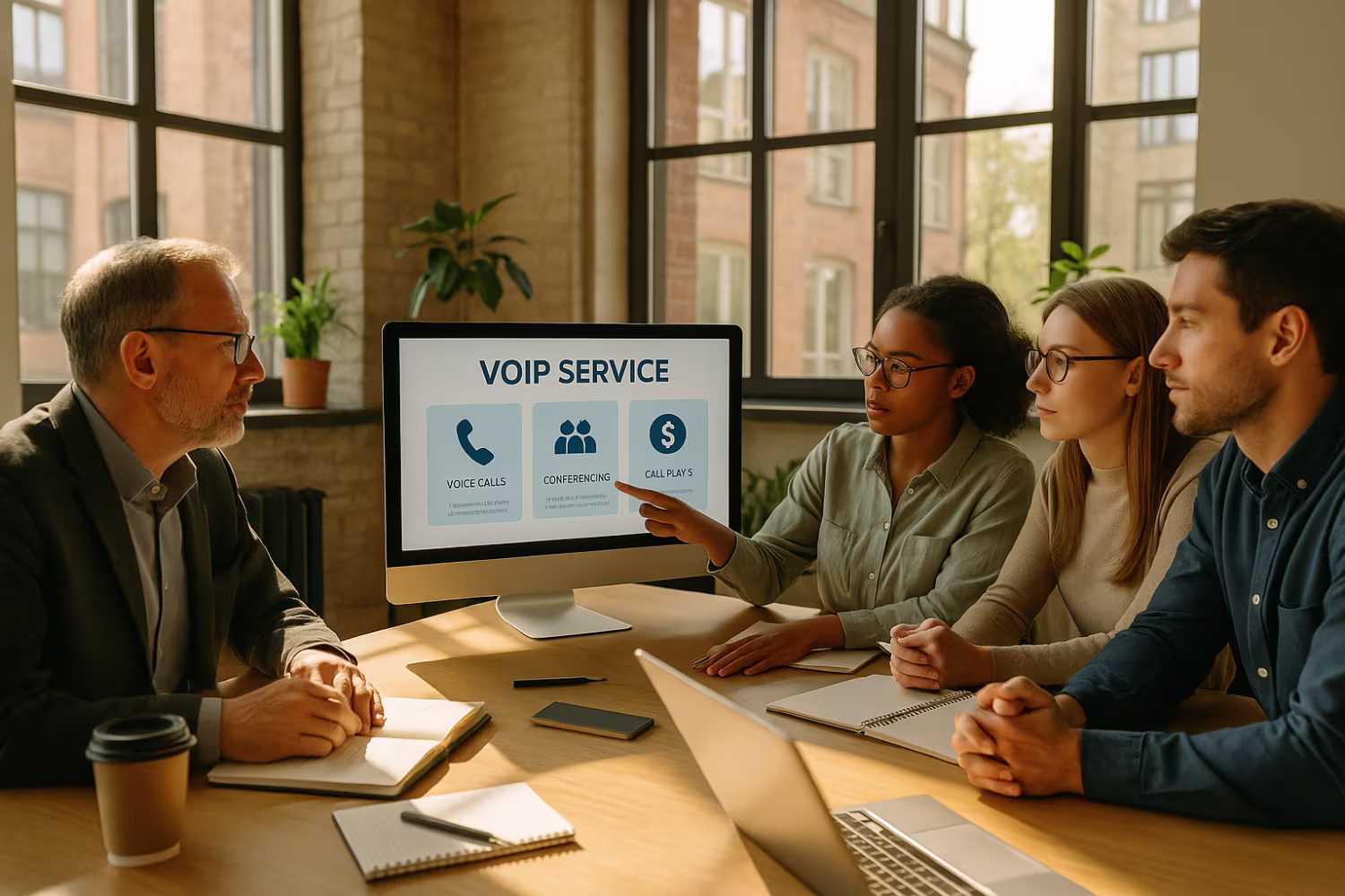 Employees discussing best VoIP service