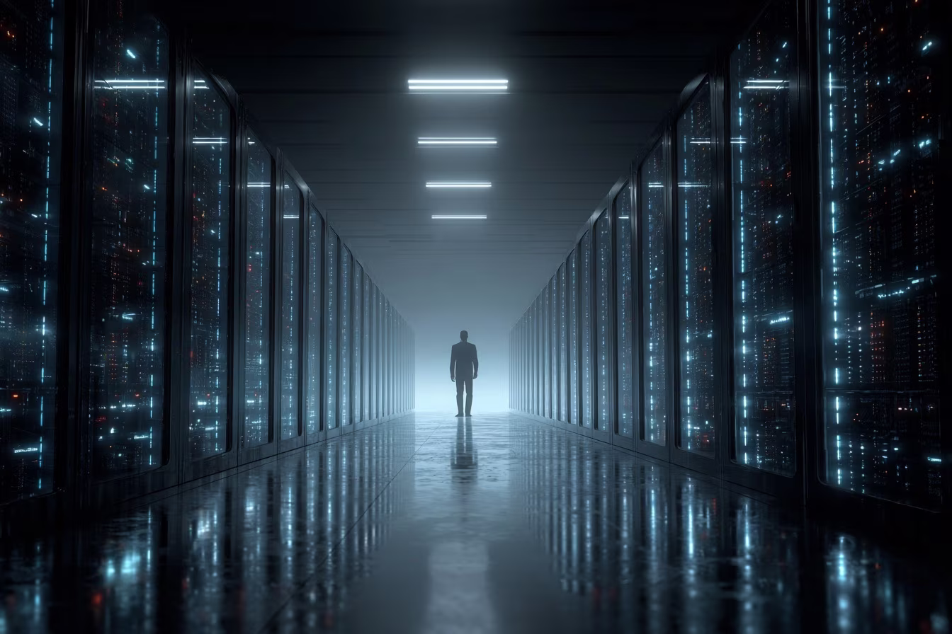 Futuristic data center under padlock-shaped clouds