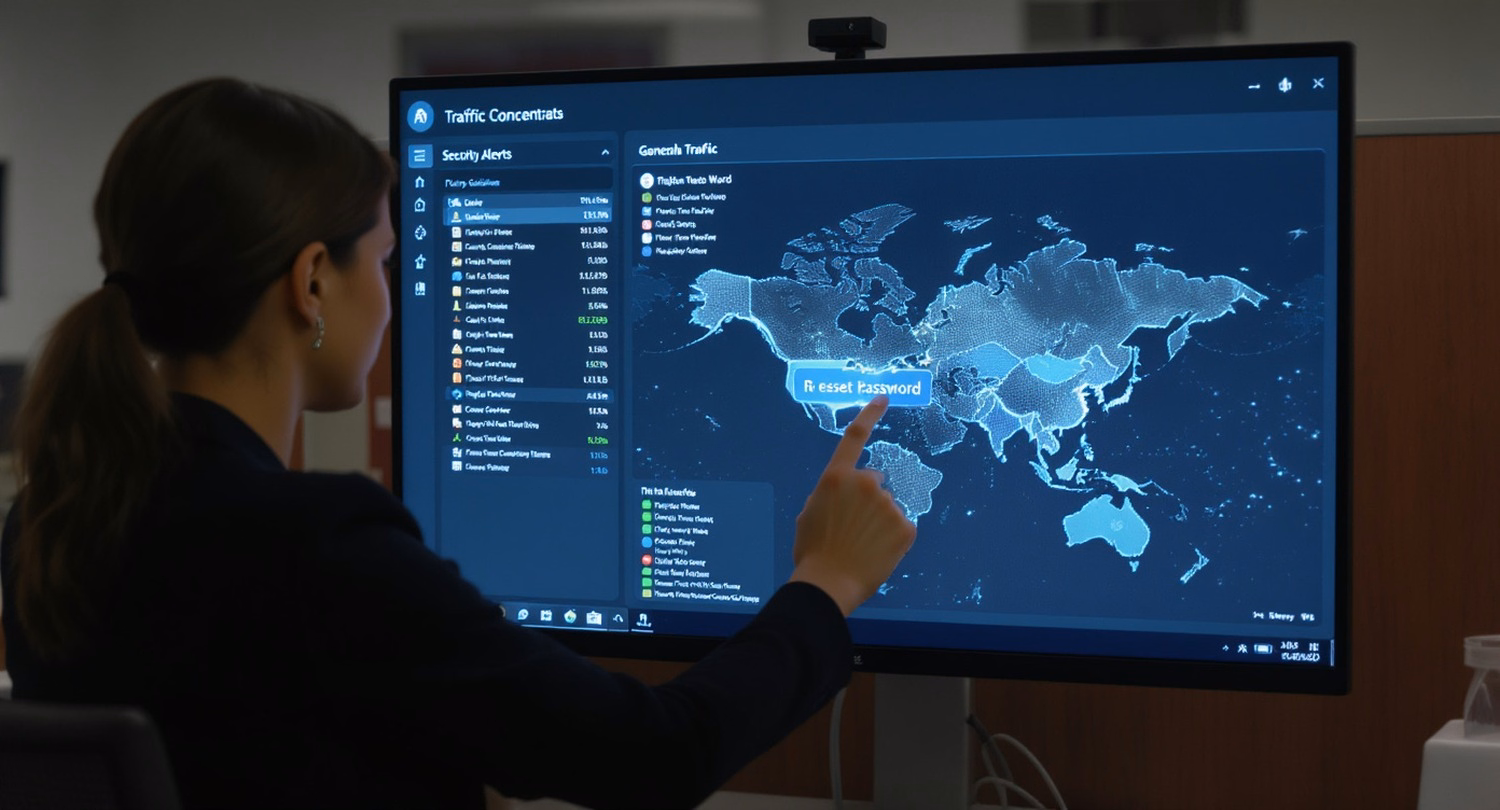 Tech lead points to reset password icon on high‑definition monitoring dashboard