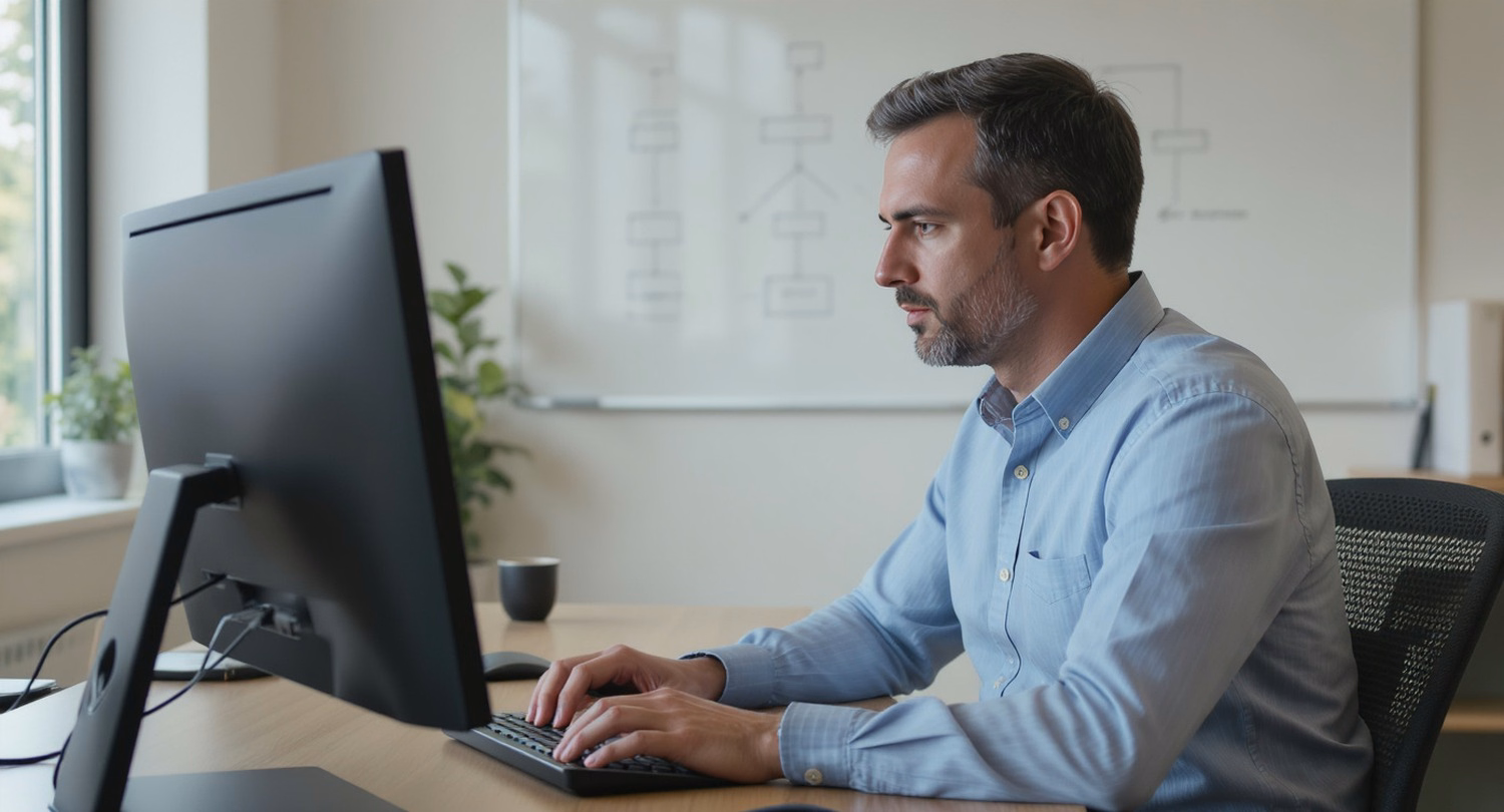 Professional reviewing ticket‑tracking dashboard in business‑automation office.