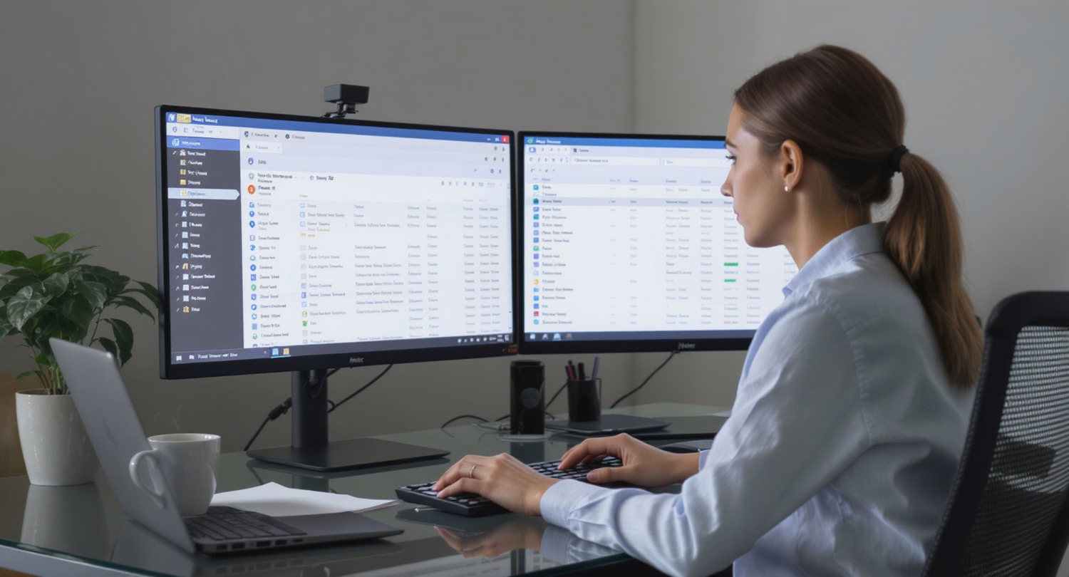 Business professional uses dual monitors to read emails, inbox cluttered with message icons, emphasizing email security.