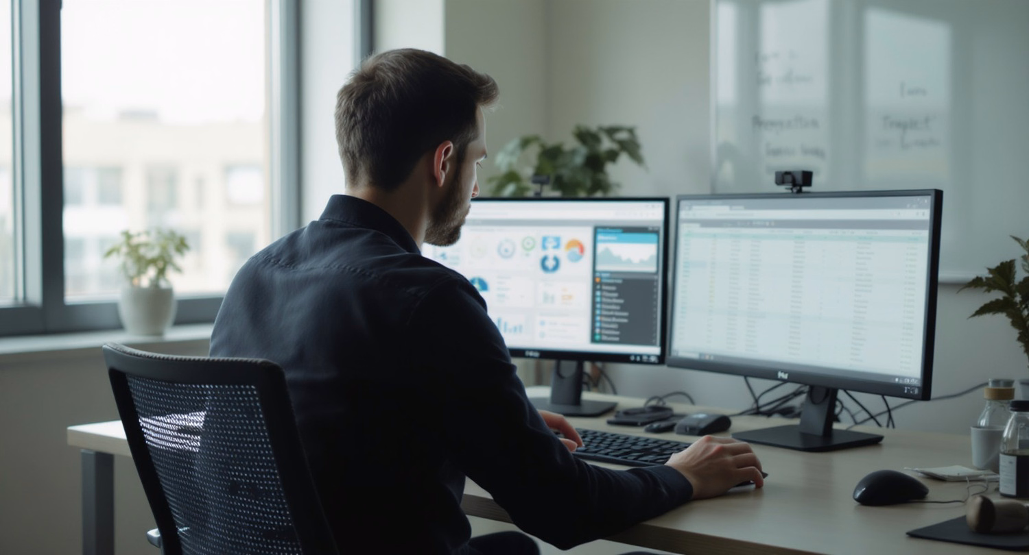 IT specialist in open‑plan office ready to respond to security incident
