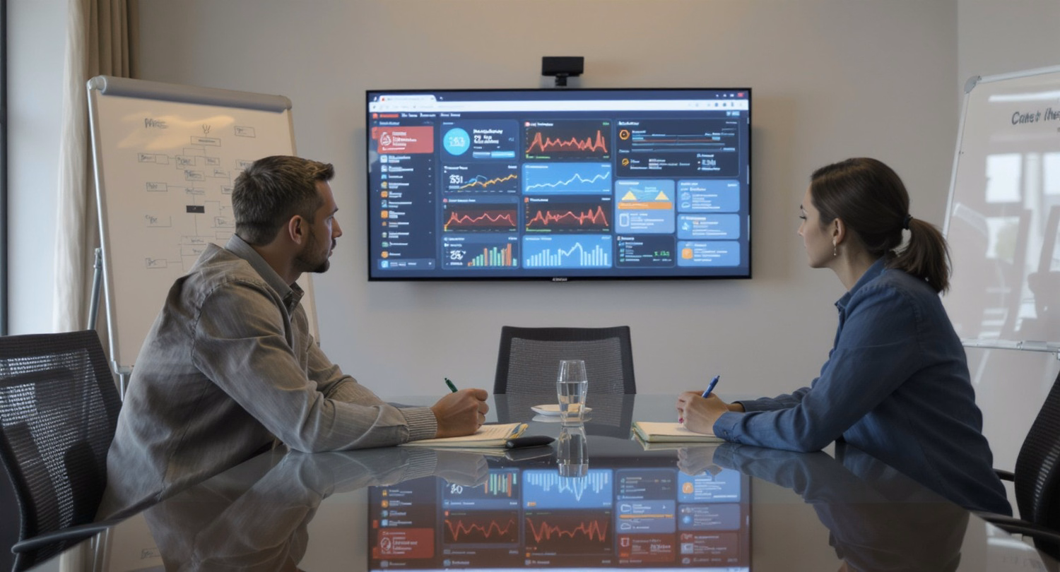 Wide shot of two IT professionals standing beside a large wall‑mounted display in a collaborative workspace. Captured wi
