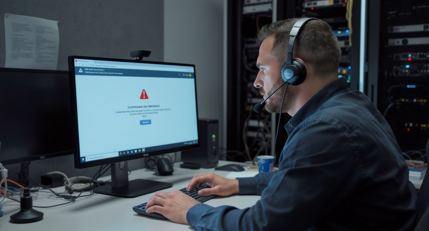 Technician on video call, headset, managing cables, monitoring a credentials alert on password security.