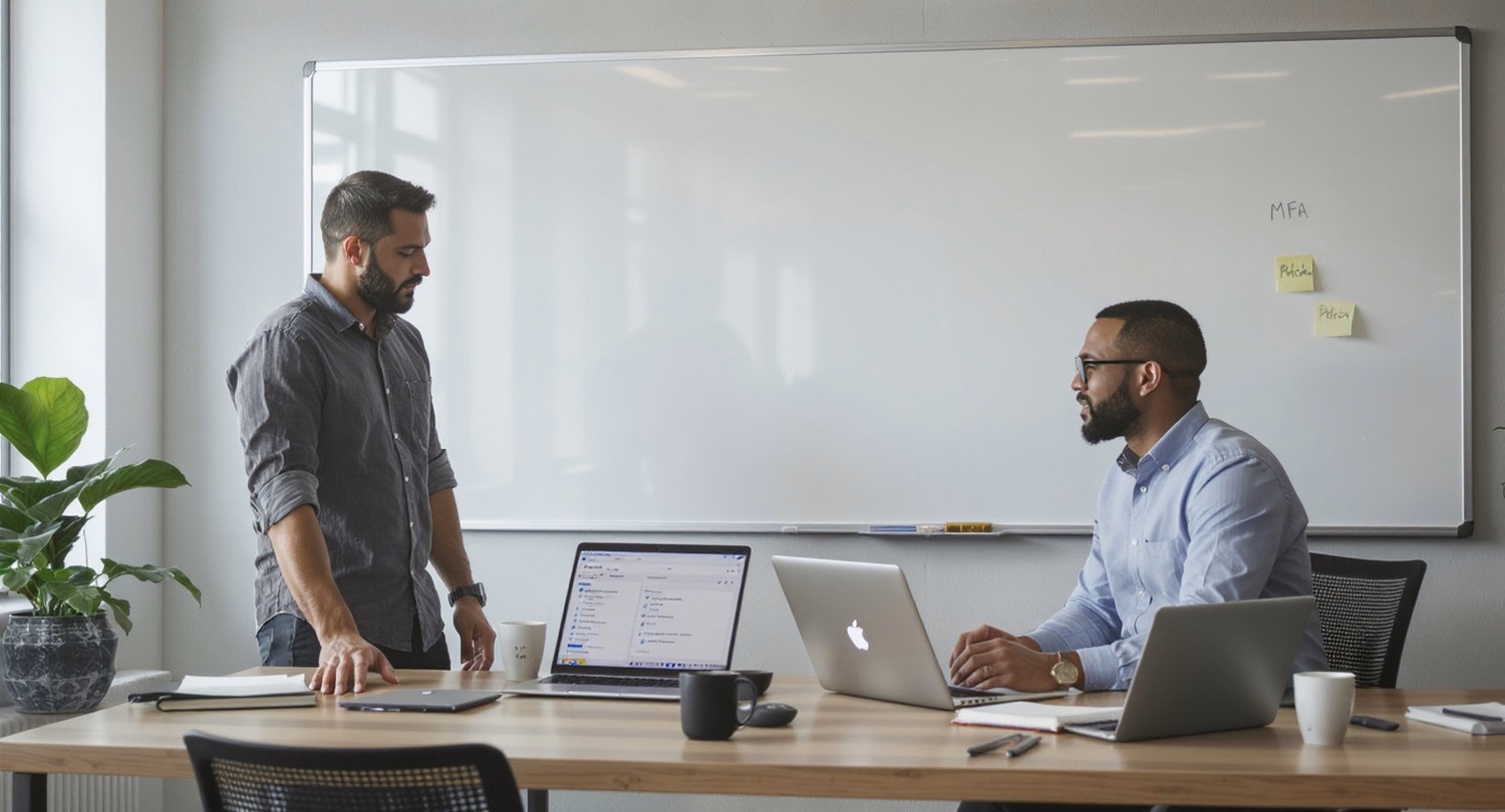 Two colleagues at a shared desk using a laptop dashboard to discuss password manager best practices for secure passwords.