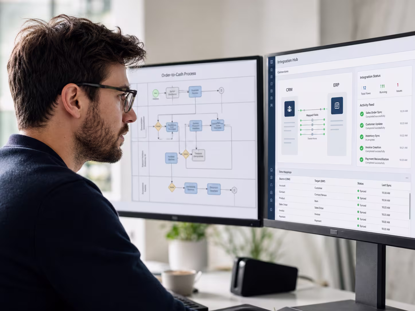 Employee uses computer to view automation compliance checklist with lock icon.