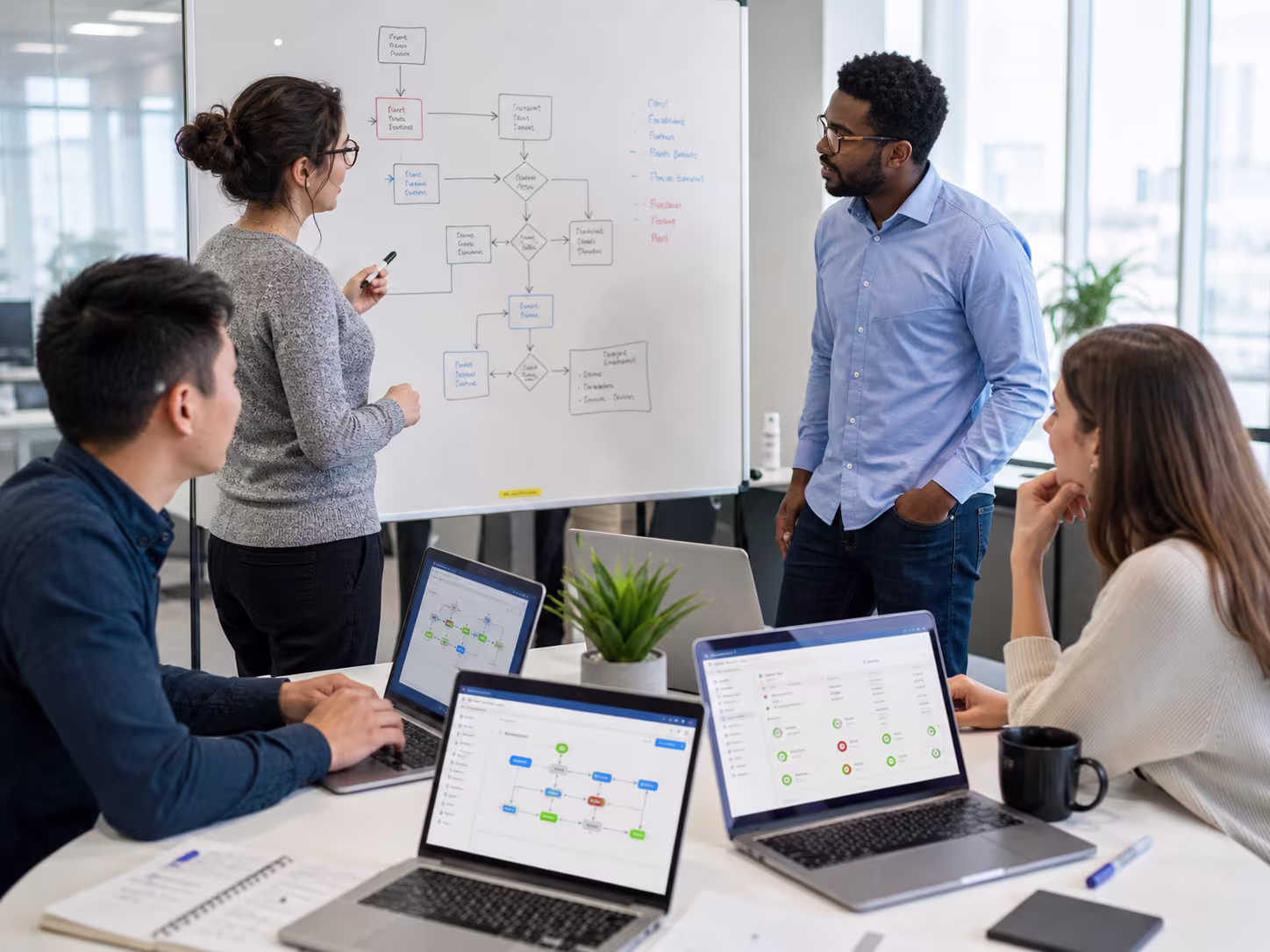 Cross-functional group on business process automation diagram, whiteboard, laptops show RPA workflow interface
