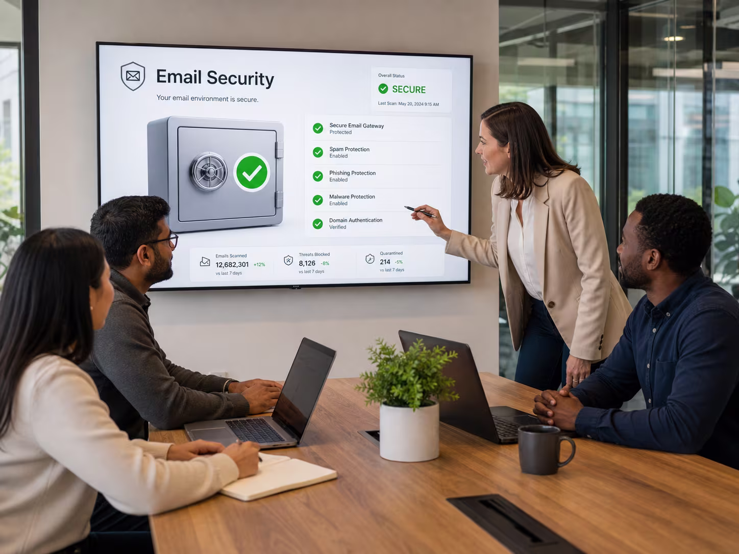 Colleagues in a collaborative office check a screen displaying a safe icon and green checkmark, email security.