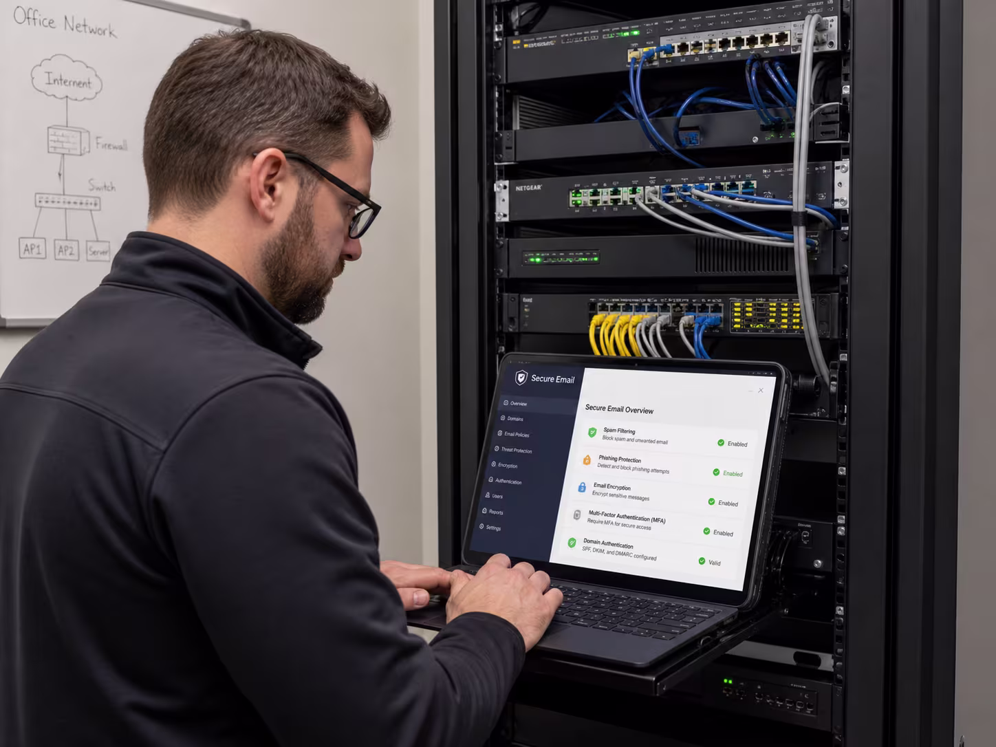 Tech engineer in server closet working on secure email setup, illustrating email protection best practices.