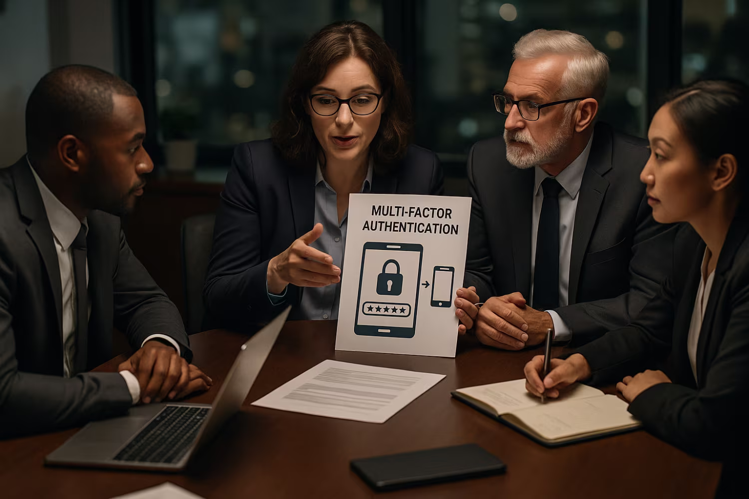 Team discussing multi-factor authentication evening