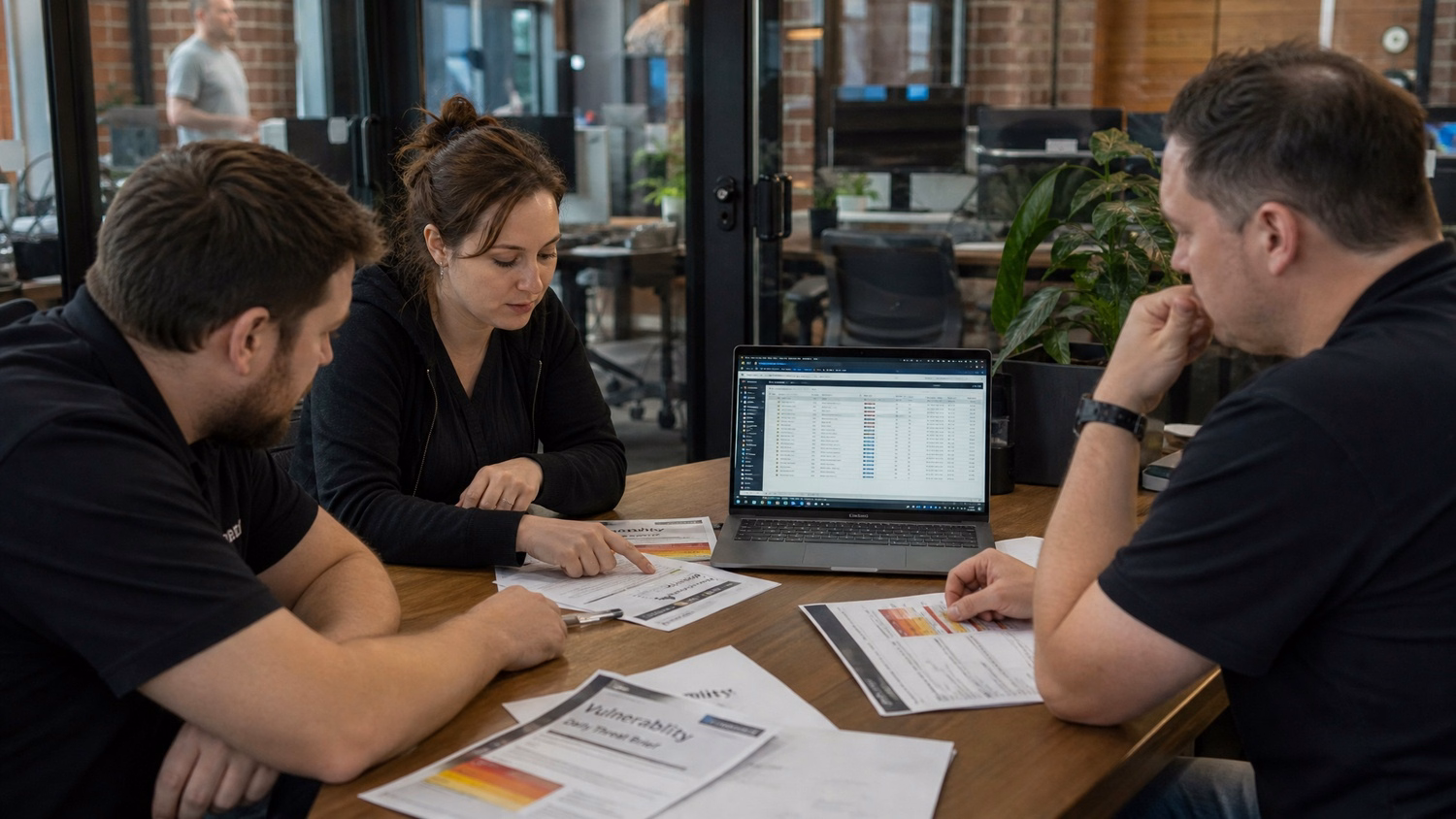 Two white men and one white woman are gathered around a conference table,