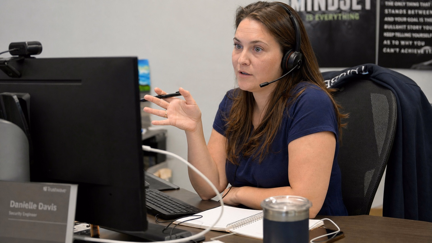 A white woman in a navy t-shirt sits at her desk with a headset on,