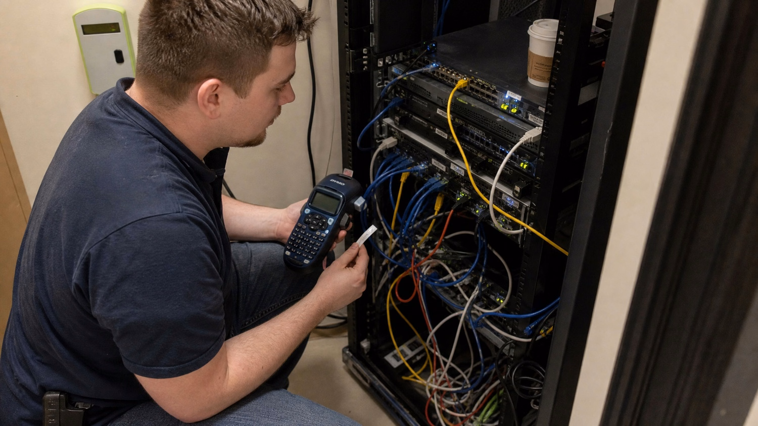A white male network engineer crouches in a cramped network closet,