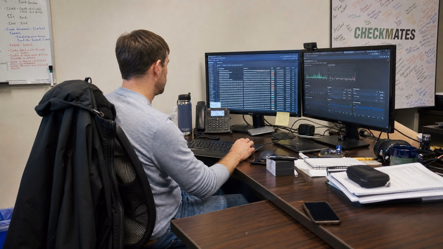 A white man works at a dual-monitor corner desk, reviewing firewall logs