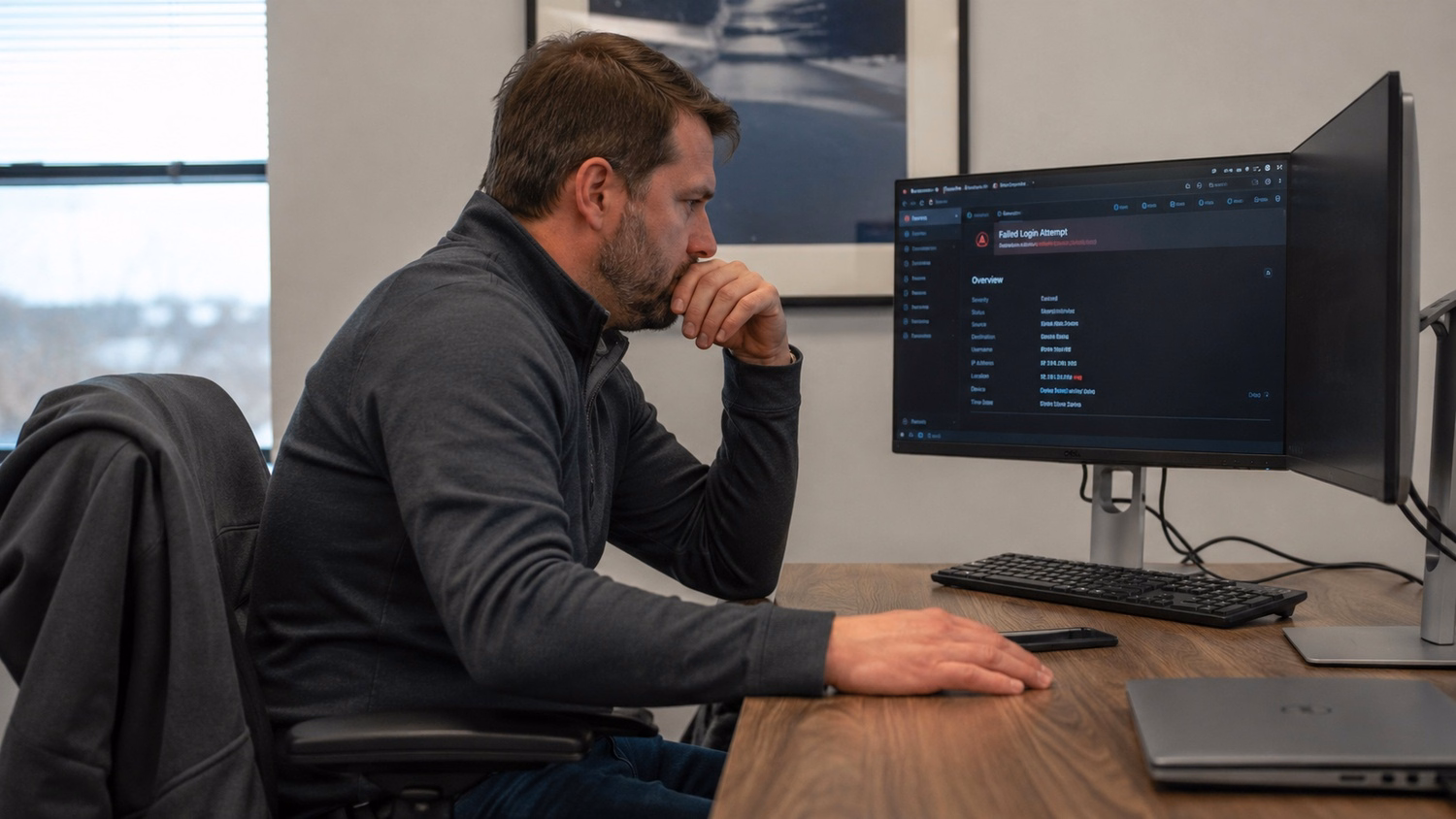 A worker sits alone reviewing a report showing a failed login attempt,