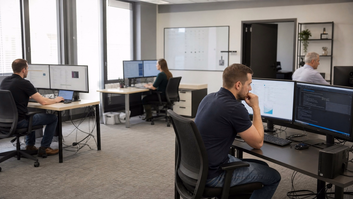 OPEN PLAN WIDE, wide shot of three or four people at separate desks across