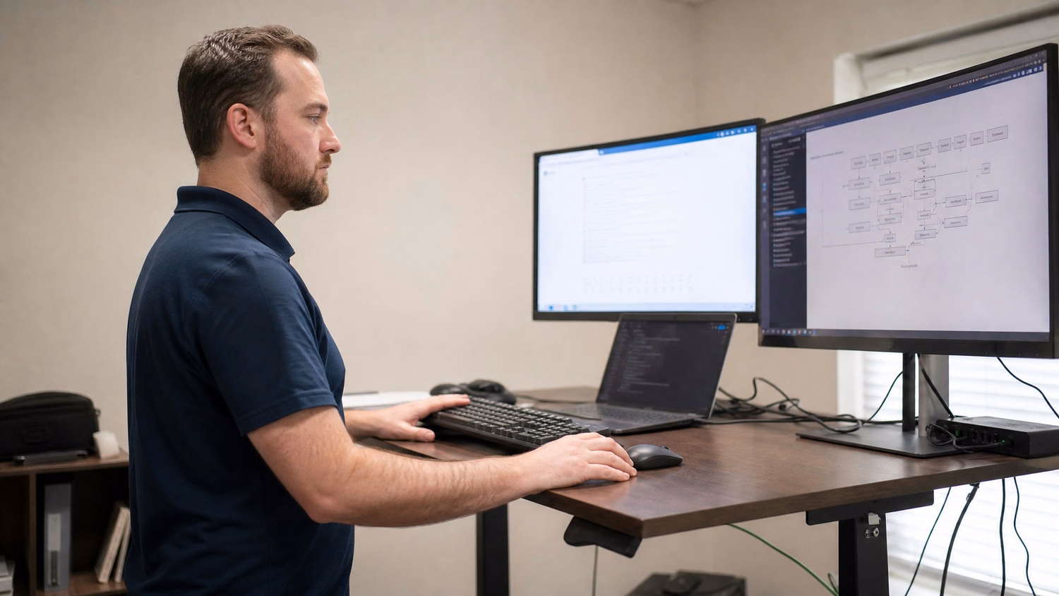 STANDING DESK, one person standing at a height-adjustable standing desk loo