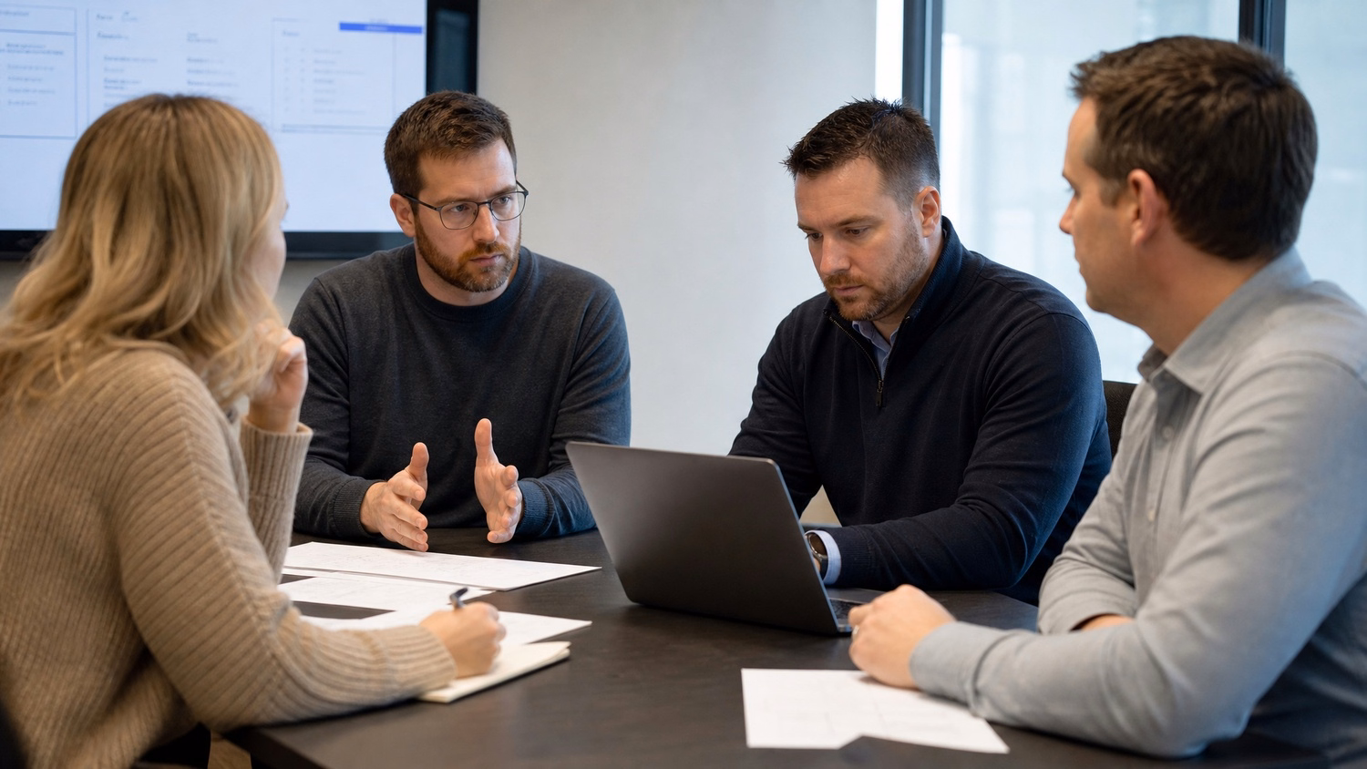 MEETING TABLE, two to four people seated around a meeting room table in dis