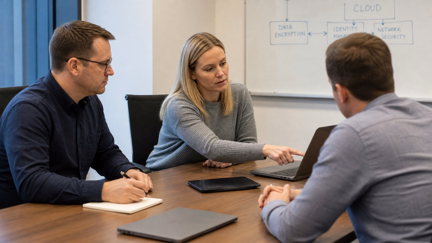 MEETING TABLE, two to four people seated around a meeting room table in dis