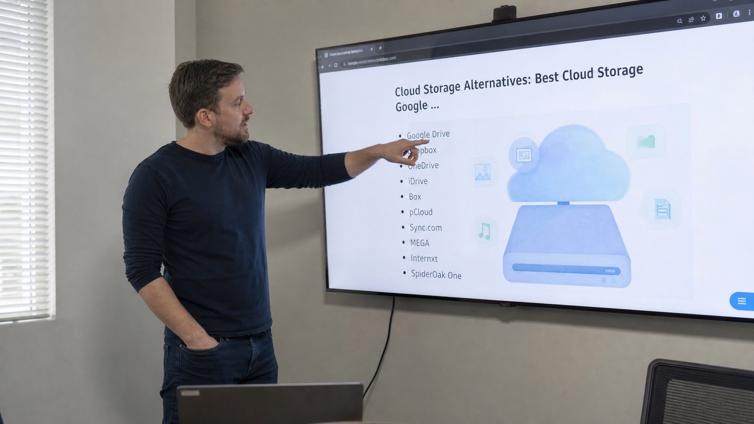 PRESENTATION SCREEN An IT professional one person standing beside a large wa