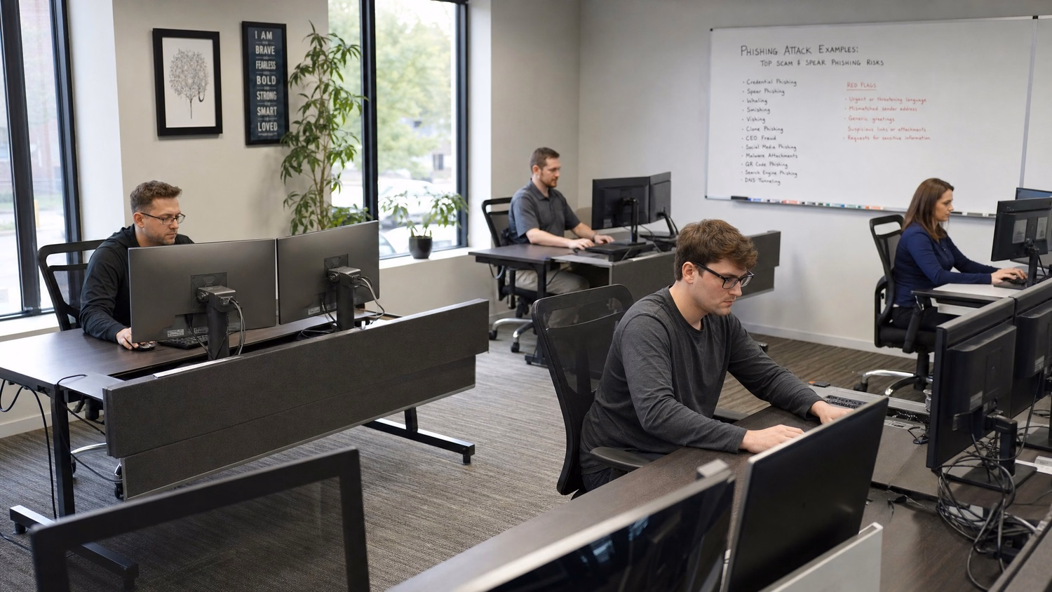 OPEN PLAN WIDE An IT professional wide shot of three or four people at separ