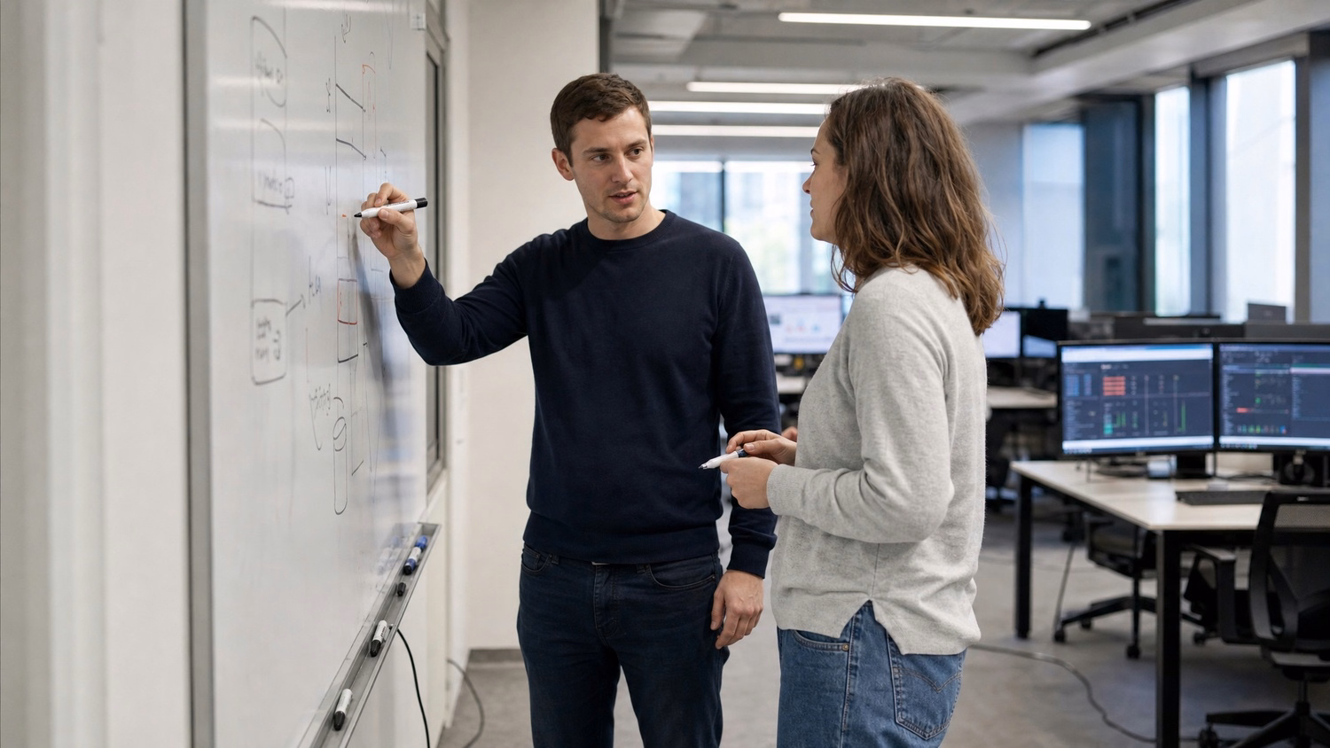 Colleagues discussing at whiteboard, cable on floor